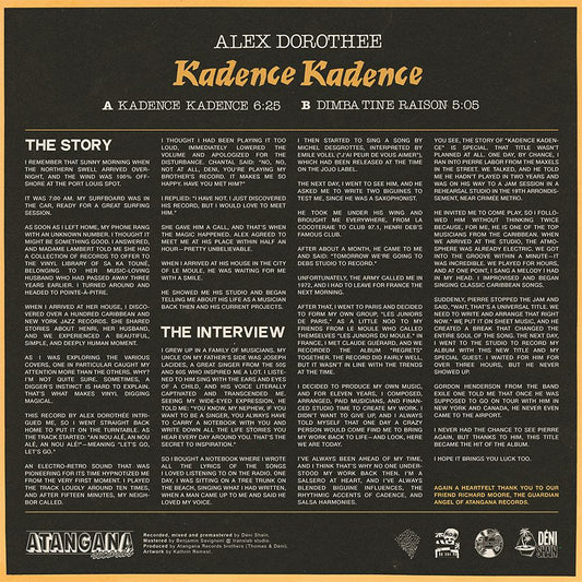 Contraportada del vinilo Alex Dorothée – Kadence Kadence con historia, entrevista, créditos y tracklist de Atangana Records.