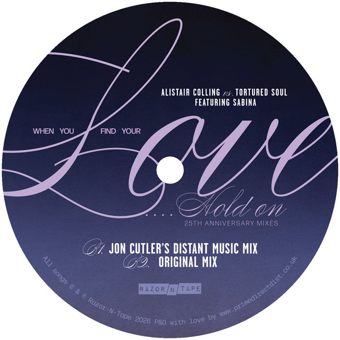Lado B de vinilo 12" Alistair Colling Vs. Tortured Soul – When You Find Your Love... Hold On (25th Anniversary Mixes), label azul con Jon Cutler mix y versión original.