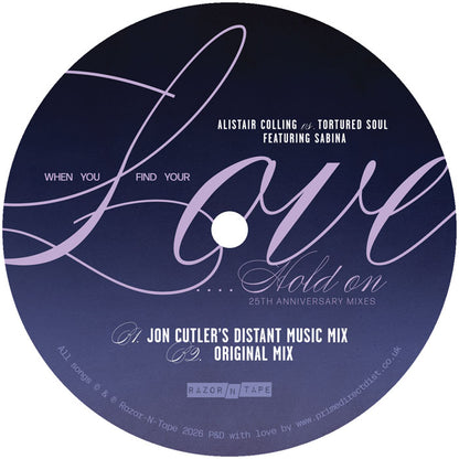 Lado B de vinilo 12" Alistair Colling Vs. Tortured Soul – When You Find Your Love... Hold On (25th Anniversary Mixes), label azul con Jon Cutler mix y versión original.