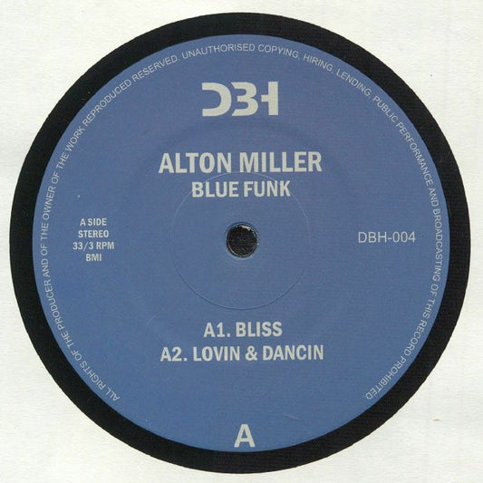 Portada delantera del vinilo Alton Miller – Blue Funk, lanzado por DBH Records. Incluye los créditos y los títulos de las canciones del lado A.