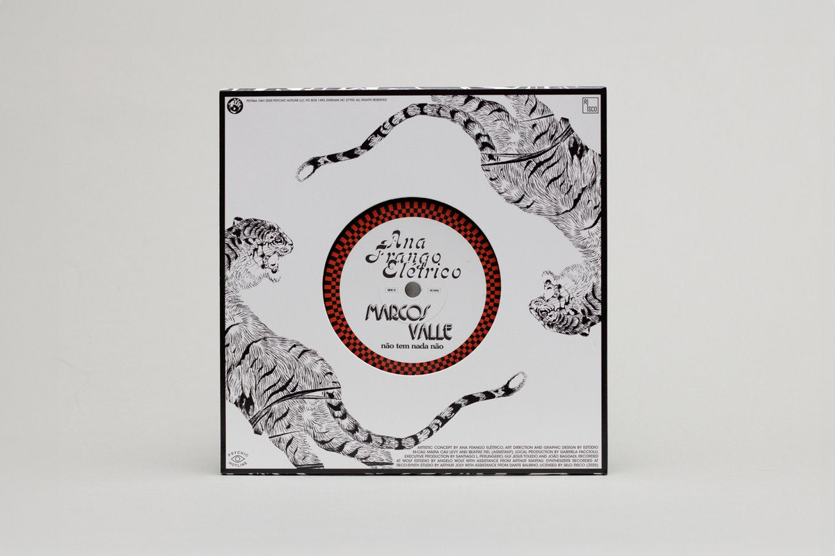 Contraportada del vinilo Ana Frango Elétrico – A Sua Diversão / Não Tem Nada Não, con tigres y etiqueta roja.