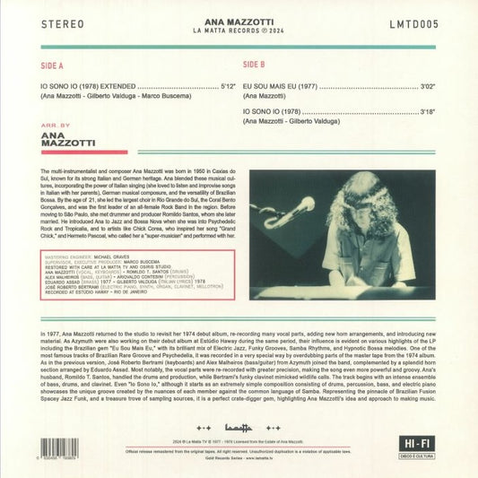 Contraportada de vinilo Ana Mazzotti – Io Sono Io (Eu Sou Mais Eu), tracklist lados A y B, créditos y texto detallado, reedición 12" La Matta Records.