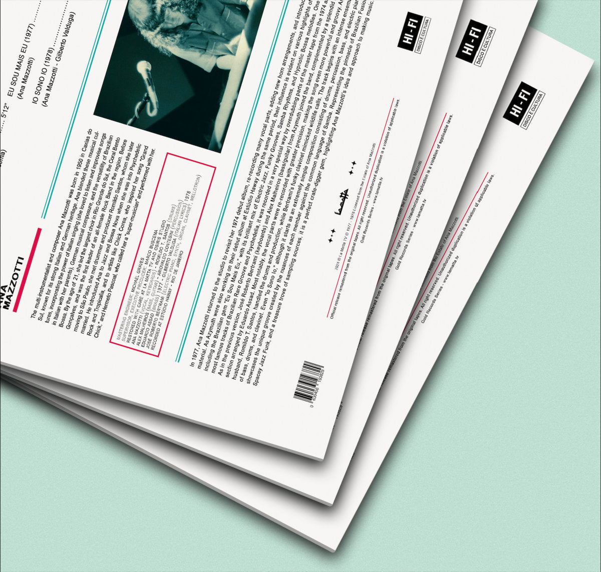 Insert interior de vinilo Ana Mazzotti – Io Sono Io (Eu Sou Mais Eu), hojas con créditos, textos y diseño limpio, reedición 12" La Matta Records.