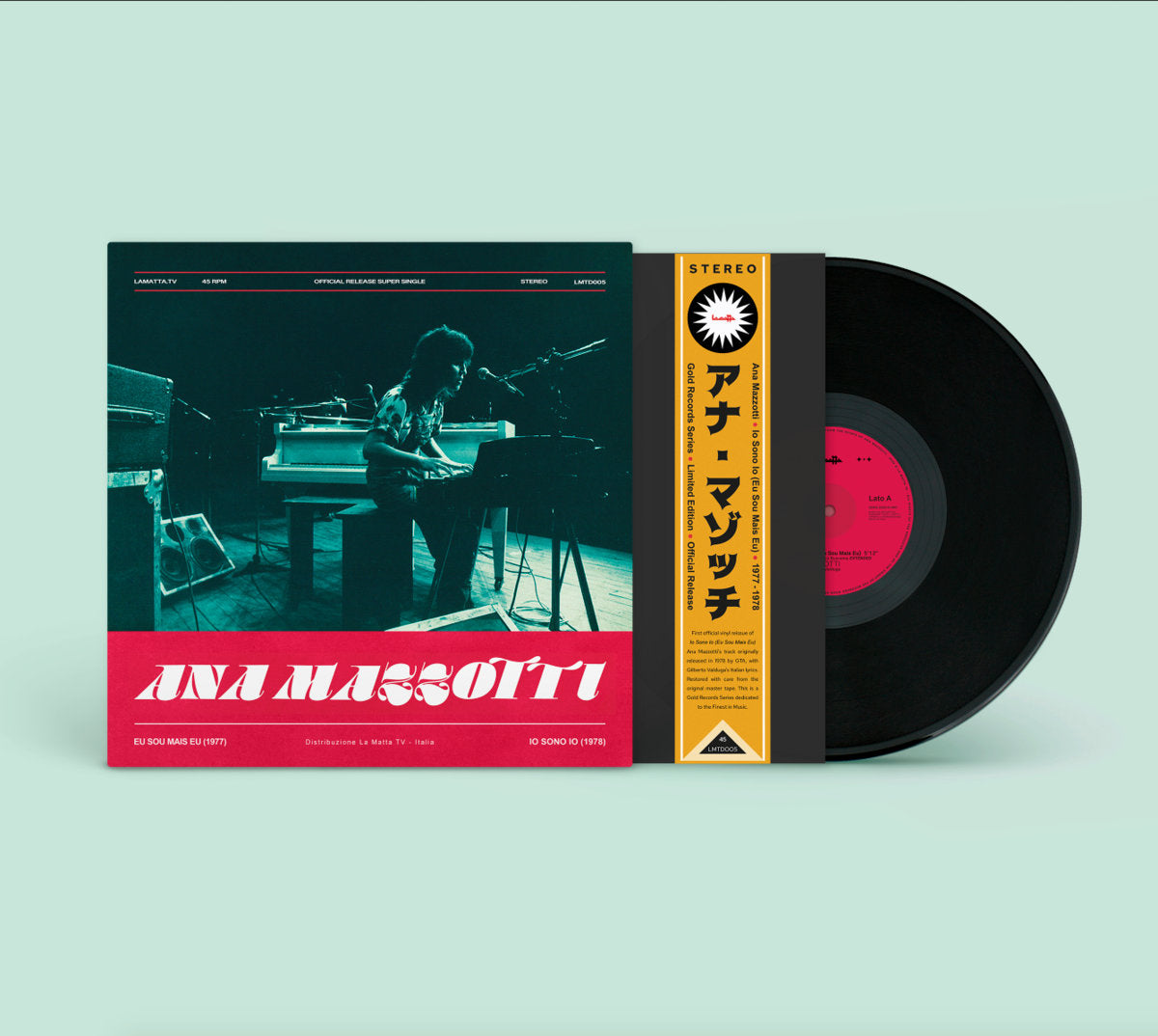 Funda y vinilo Ana Mazzotti – Io Sono Io (Eu Sou Mais Eu), disco negro con etiqueta roja visible, reedición 12" La Matta Records en display.