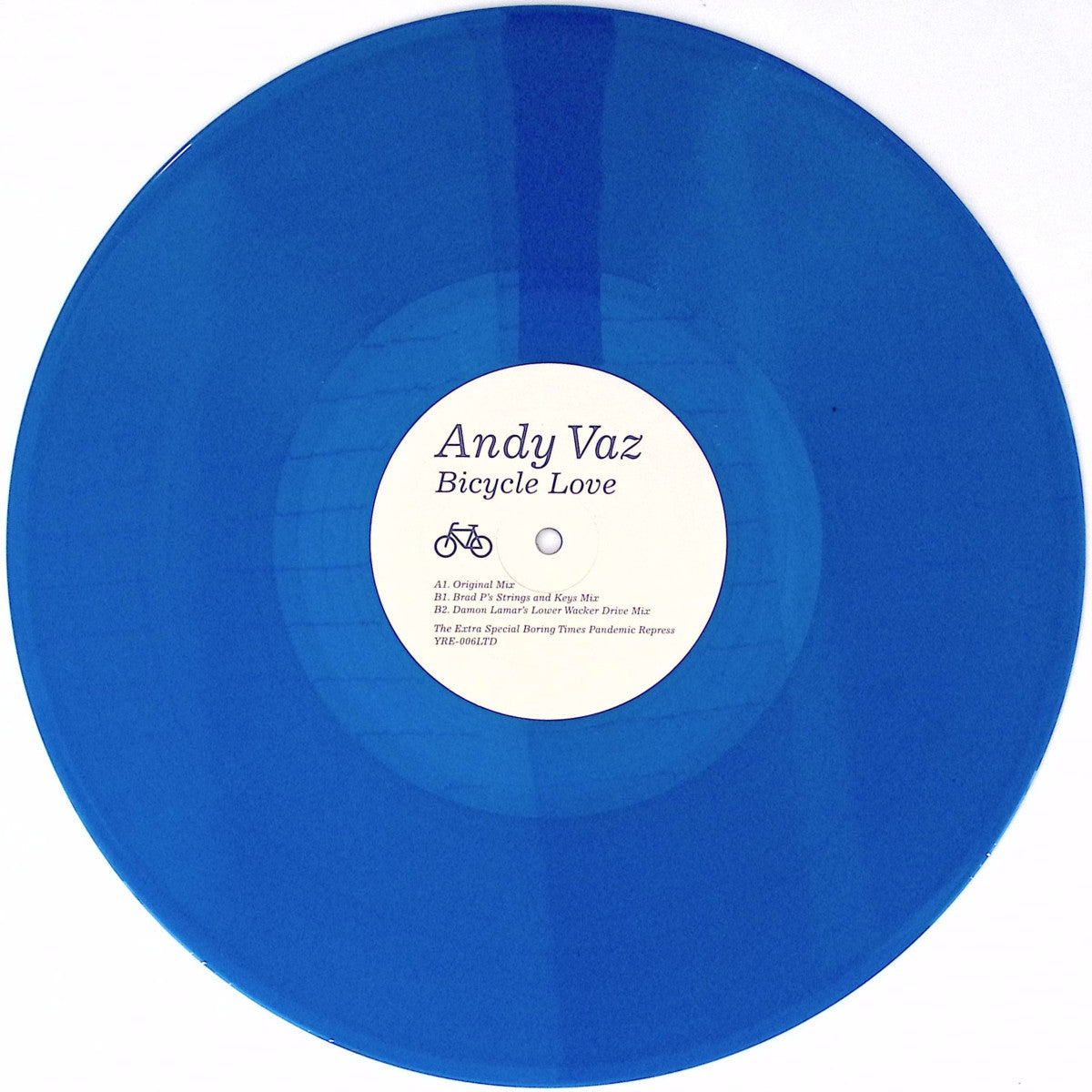 Vinilo azul transparente de Andy Vaz – Bicycle Love en Yore Records con etiqueta central clara mostrando título, artista y catálogo YRE-006LTD.