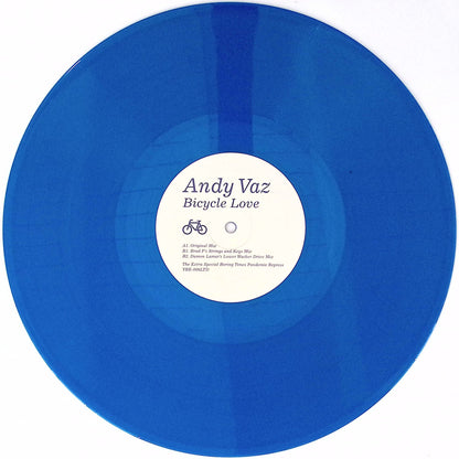Vinilo azul transparente de Andy Vaz – Bicycle Love en Yore Records con etiqueta central clara mostrando título, artista y catálogo YRE-006LTD.
