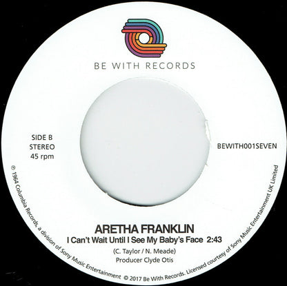 Etiqueta central del lado B del vinilo Aretha Franklin – One Step Ahead con la canción “I Can’t Wait Until I See My Baby’s Face” y créditos a C. Taylor y N. Meade.