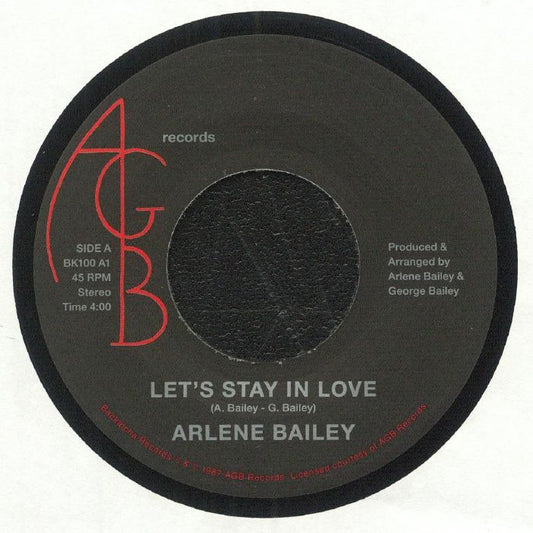 Etiqueta central del vinilo Arlene Bailey – Let's Stay In Love en Backatcha Records, lado A a 45 RPM, con créditos de Arlene y George Bailey y duración de 4:00 minutos.