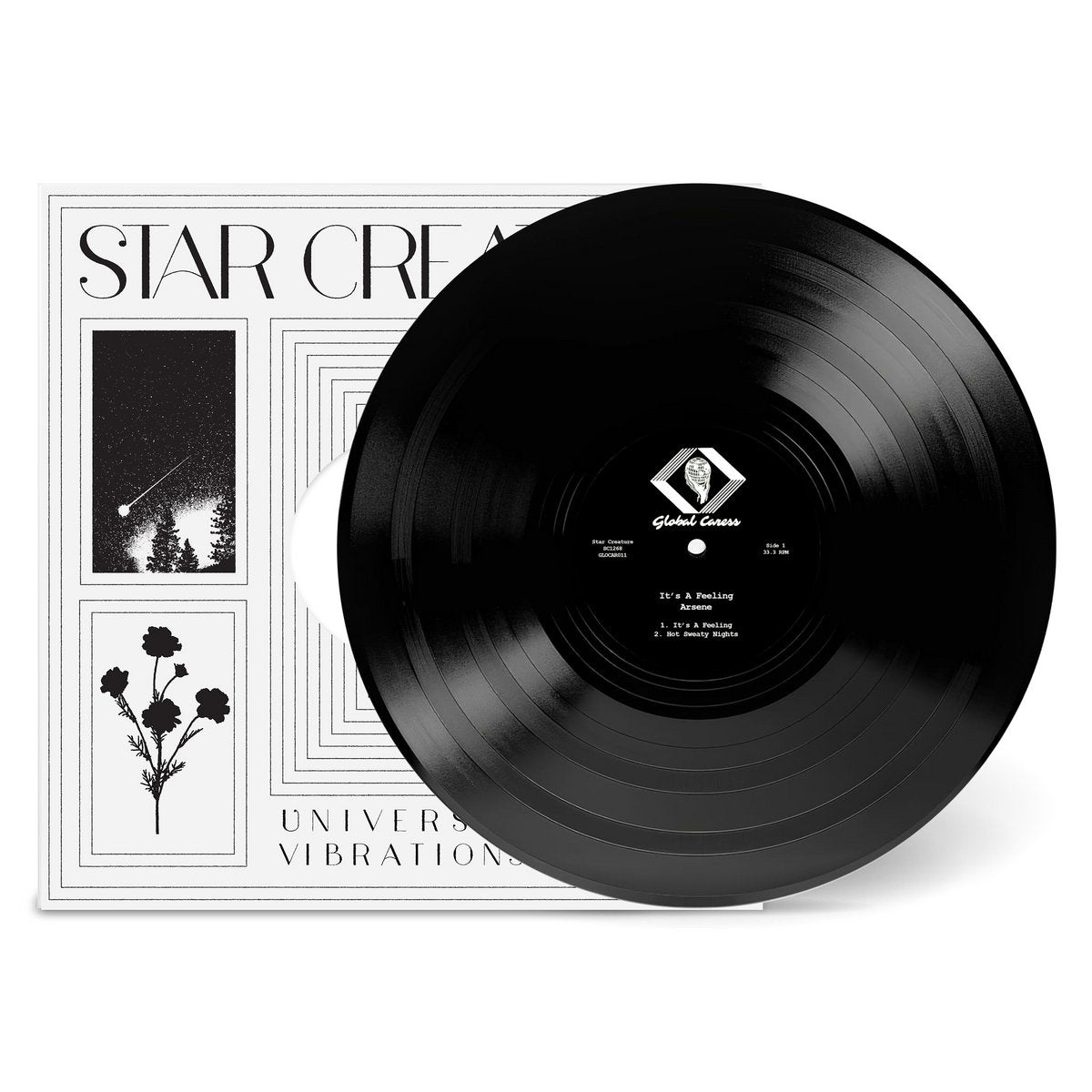 Portada del vinilo Arsene – It's A Feeling, EP 12" de Star Creature. Disco parcialmente fuera de la funda con diseño monocromo Star Creature y arte geométrico.