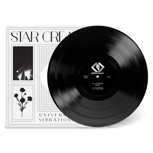 Portada del vinilo Arsene – It's A Feeling, EP 12" de Star Creature. Disco parcialmente fuera de la funda con diseño monocromo Star Creature y arte geométrico.