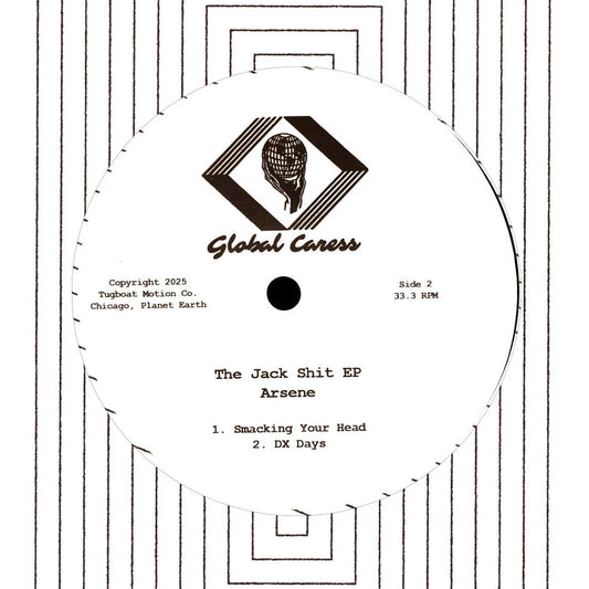 Etiqueta central del lado B del vinilo Arsene – The Jack Shit EP con créditos de Tugboat Motion Co. y tracks “Smacking Your Head” y “DX Days”.