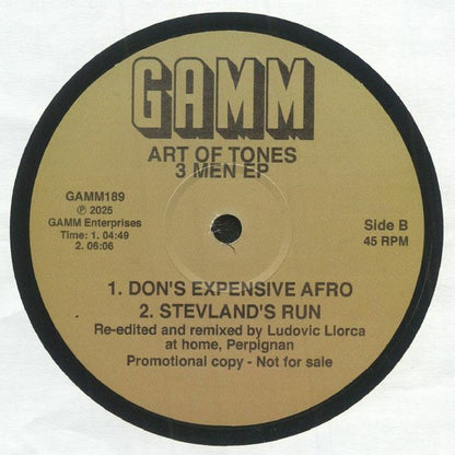 Lado B del vinilo 12" de Art Of Tones – 3 Men EP publicado por el sello G.A.M.M. Texto impreso: “Don’s Expensive Afro” y “Stevland’s Run”, reeditados por Ludovic Llorca.
