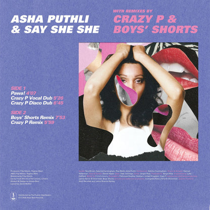 Contraportada del vinilo Asha Puthli & Say She She – Pawa!, Naya Beat Records 12" Maxi-Sencillo con tracklist, remixes y créditos visibles en fondo azul.