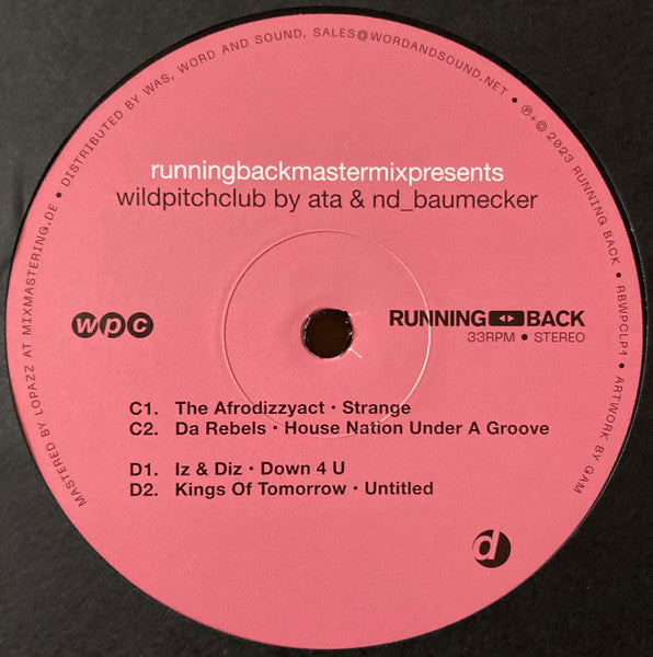 Lado D de vinilo Ata & nd_baumecker – Running Back Mastermix Presents Wild Pitch Club Part I/II con imagen fotográfica cercana en el centro, estilo collage analógico.