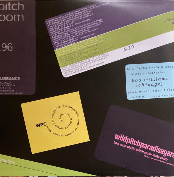Interior gatefold A2 de vinilo Ata & nd_baumecker – Running Back Mastermix Presents Wild Pitch Club Part I/II con flyers y gráficos del club Wild Pitch, estética vintage.
