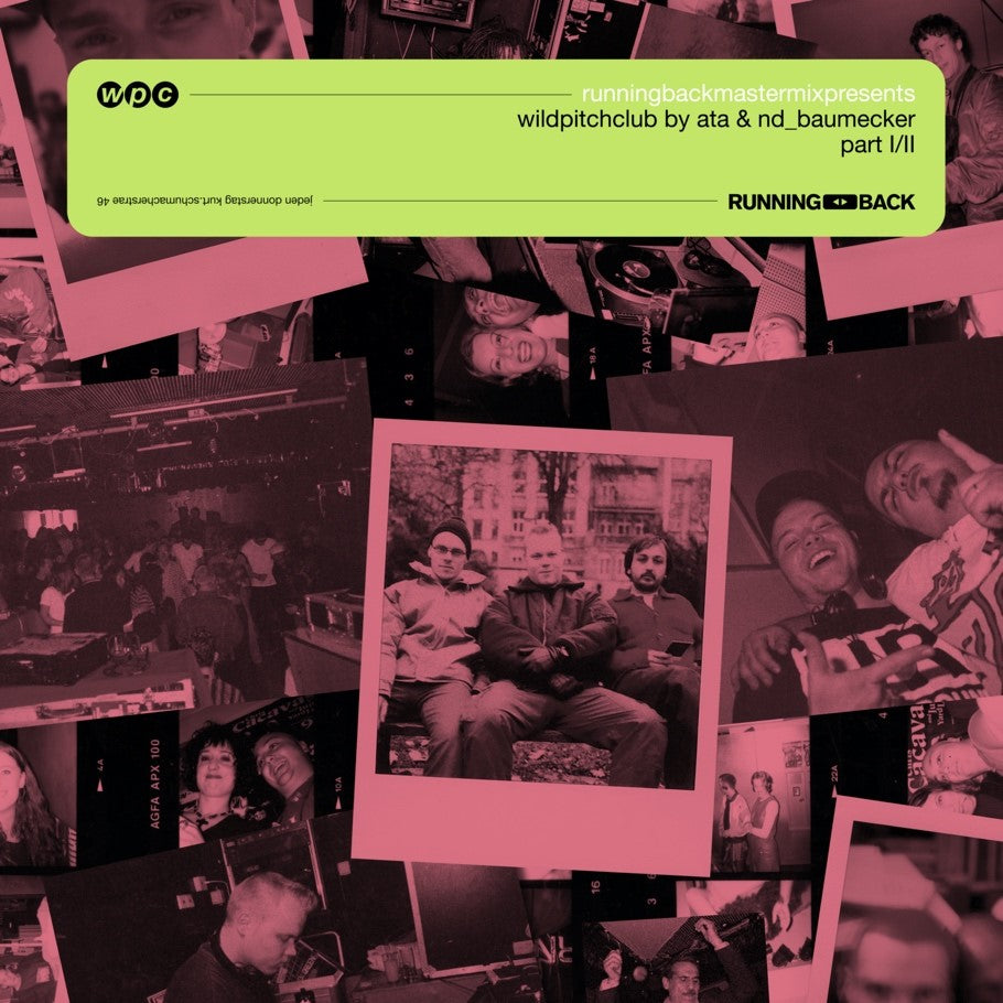 Portada de vinilo Ata & nd_baumecker – Running Back Mastermix Presents Wild Pitch Club Part I/II con collage fotográfico y franja verde del sello Running Back, estilo club noventero.