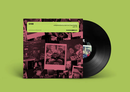Funda de vinilo Ata & nd_baumecker – Running Back Mastermix Presents Wild Pitch Club Part I/II mostrando portada y disco negro parcialmente fuera, diseño collage y estética retro.