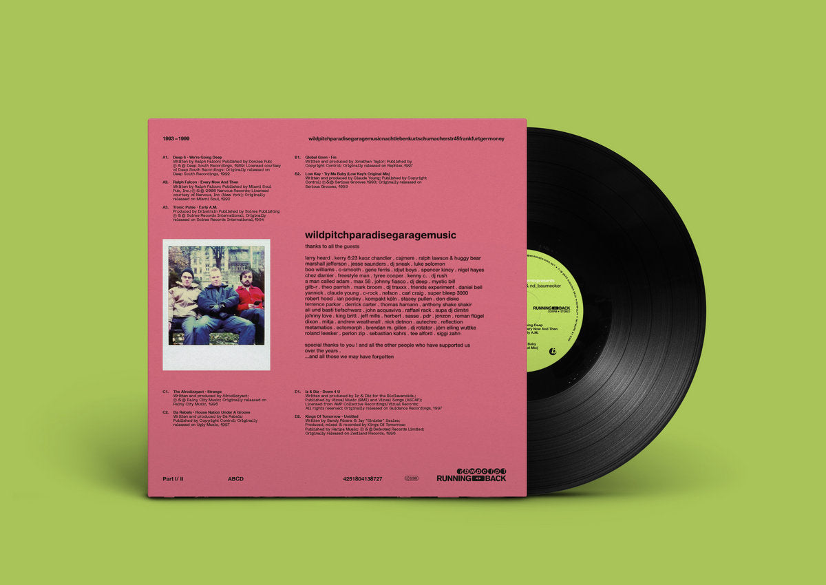 Contraportada de vinilo Ata & nd_baumecker – Running Back Mastermix Presents Wild Pitch Club Part I/II con tracklist completo, créditos y logo Running Back sobre fondo rosa.