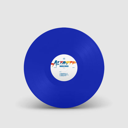 Etiqueta central del lado A del vinilo Azymuth – Marca Passo mostrando 4 pistas, créditos, logo y duración visible.