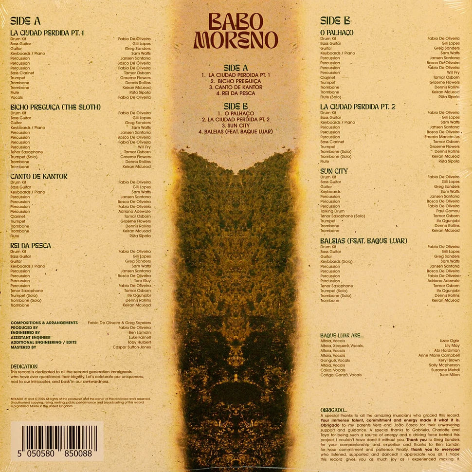 Contraportada del vinilo Babo Moreno – Babo Moreno: listado completo de pistas, créditos y músicos sobre fondo orgánico del LP Álbum Matsuka.