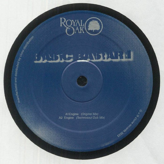 Etiqueta central lado A del vinilo Basic Bastard – Engine / Rise en Royal Oak 12", mostrando pistas Engine original y Technosoul Dub."