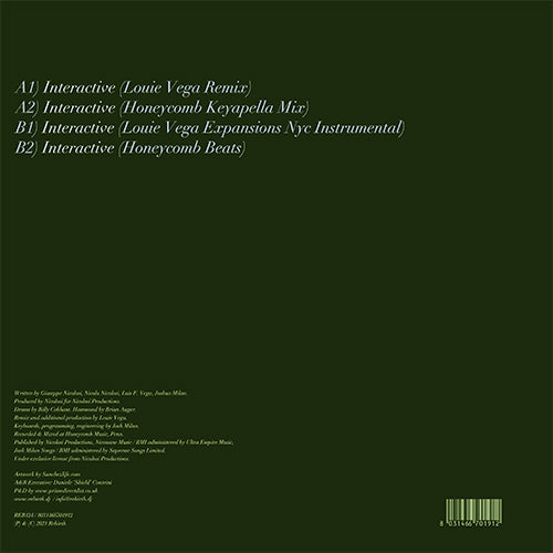 Contraportada del vinilo Billy Cobham Feat. Novecento – Interactive (The Louie Vega Remixes) 12" de Rebirth, con lista de pistas, créditos y código de barras sobre fondo verde minimalista.
