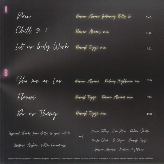 Contraportada del vinilo Billy Lo - Billy Lo, editado por Cosmocities Records en formato 12". Lista de canciones y créditos en fondo negro con tipografía estilizada.