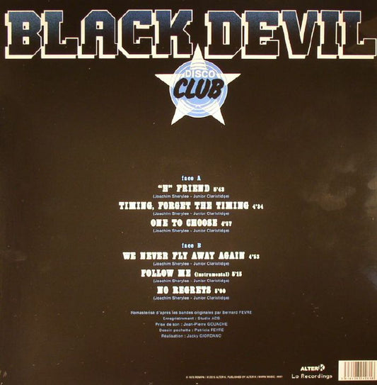 Portada trasera del vinilo Black Devil – Disco Club, editado por Alter K en 12". Incluye lista de canciones, créditos y detalles del álbum.