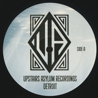 Vinilo Black Eyes – Hydro-Phonic EP 12" EP etiqueta central blanca con logo, texto Upstairs Asylum Recordings Detroit y marca Side A.