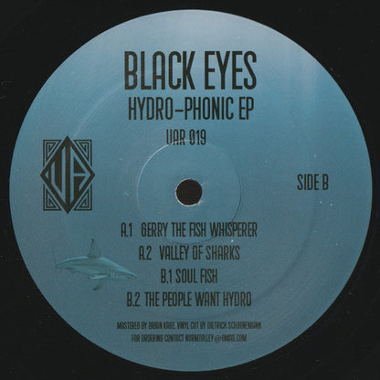 Vinilo Black Eyes – Hydro-Phonic EP 12" EP etiqueta azul con tracklist A1-A2-B1-B2, catálogo UAR019 y diseño acuático.