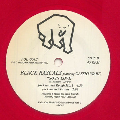 Etiqueta del lado B del vinilo rojo de Black Rascals Featuring Cassio Ware – So In Love (Joe Claussell Rough Instrumental Takes) en Polar Cap, con los mixes 2 y versión "Drums" junto a detalles técnicos.