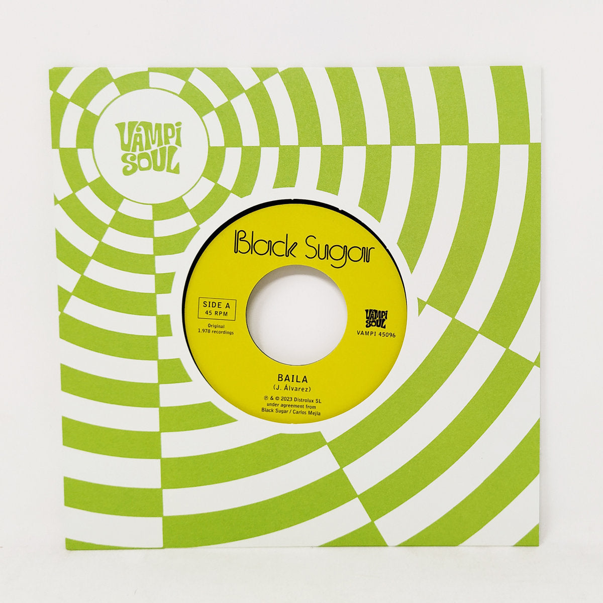 Funda y vinilo Black Sugar – Baila / Sha La La Means I Love You en reedición 7" Vampi Soul, mostrando etiqueta Side A y catálogo VAMPI 45096.