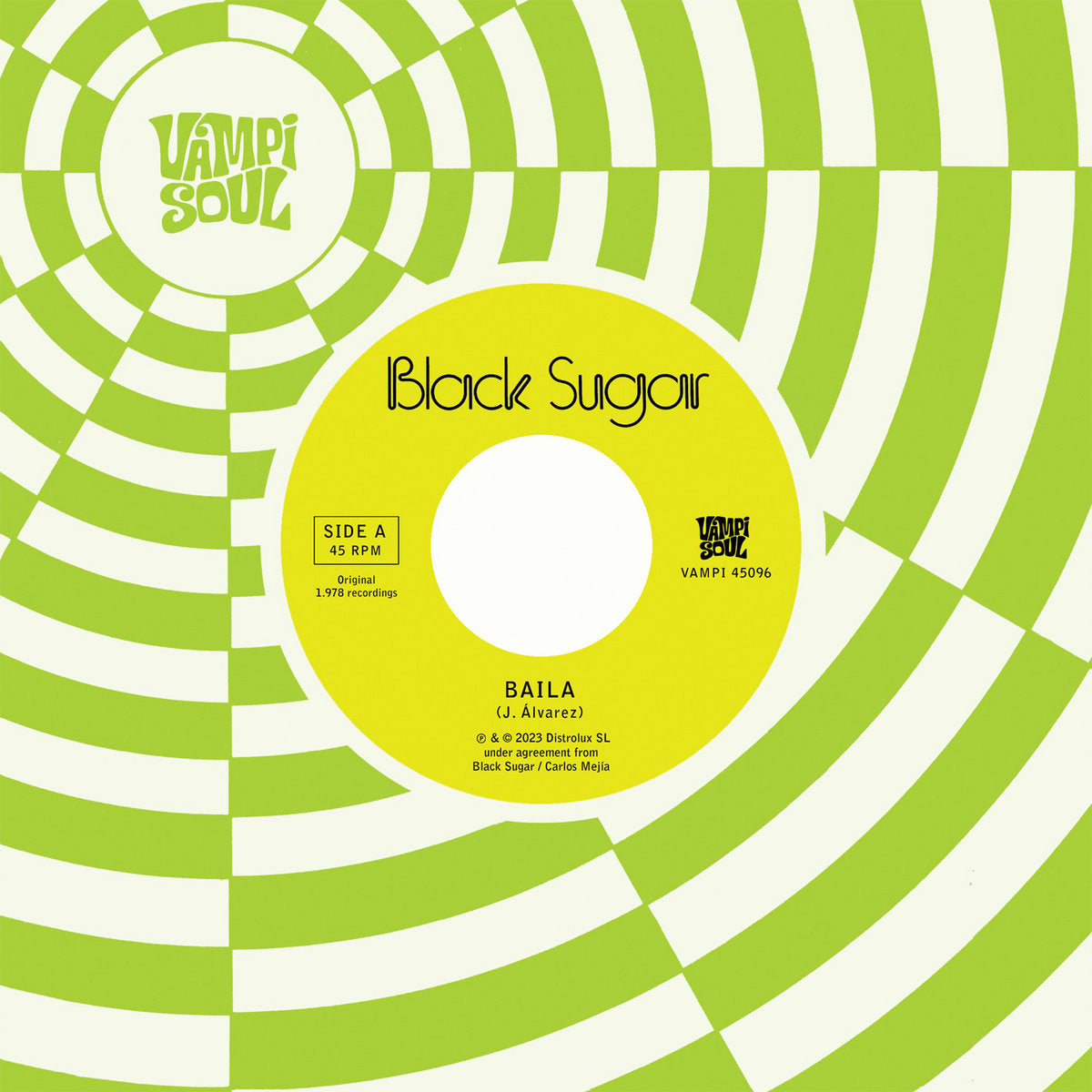 Portada del vinilo Black Sugar – Baila / Sha La La Means I Love You, reedición 7" Vampi Soul con diseño psicodélico verde y amarillo.