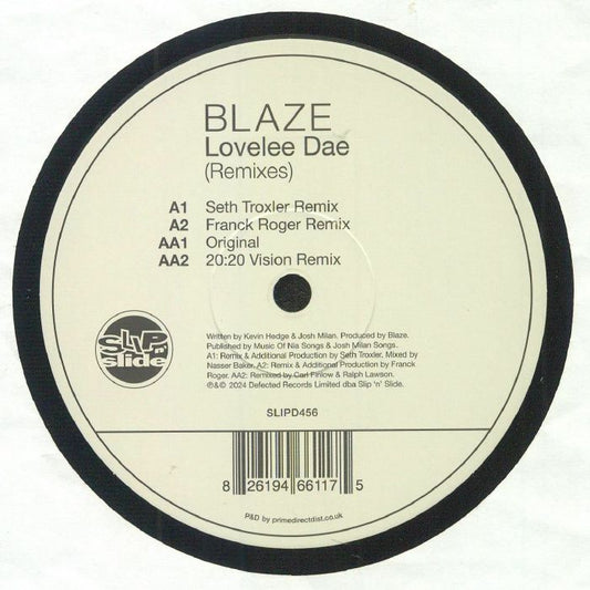 Portada delantera del vinilo Blaze - Lovelee Dae (Remixes) lanzado por Slip 'n' Slide en formato 12". Contiene la lista de canciones y créditos impresos.