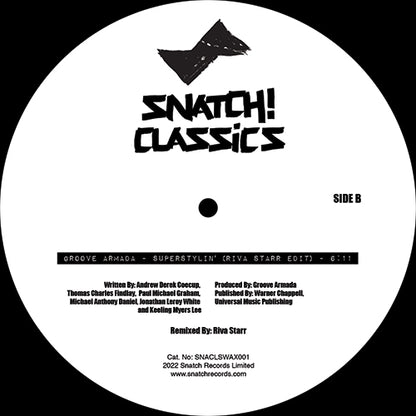 Etiqueta central del vinilo 12" Bob Sinclar / Groove Armada – I Feel For You / Superstylin' (Remixes), lado B del sello Snatch! Classics, mostrando la pista “Superstylin' (Riva Starr Edit)” y créditos visibles, perfecto para DJs que aprecian las ediciones cuidadas.