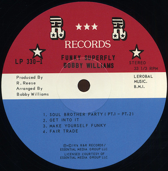 Lado B del vinilo Bobby Williams – Funky Super Fly, con etiqueta roja, blanca y azul y “Fair Trade” entre las pistas.