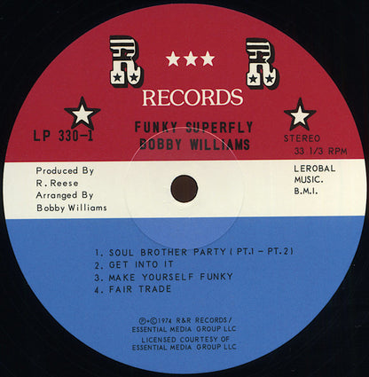 Lado B del vinilo Bobby Williams – Funky Super Fly, con etiqueta roja, blanca y azul y “Fair Trade” entre las pistas.