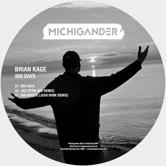 Lado A del vinilo Brian Kage – 909 Days en 12” por Michigander, con foto en blanco y negro y listado de pistas y remixes visibles.