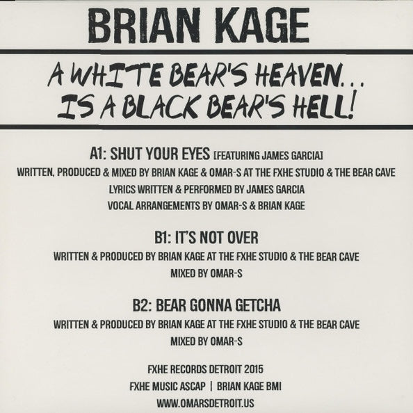 Contraportada del vinilo Brian Kage – A White Bear's Heaven...Is A Black Bear's Hell!: pistas y créditos.