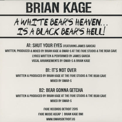 Contraportada del vinilo Brian Kage – A White Bear's Heaven...Is A Black Bear's Hell!: pistas y créditos.