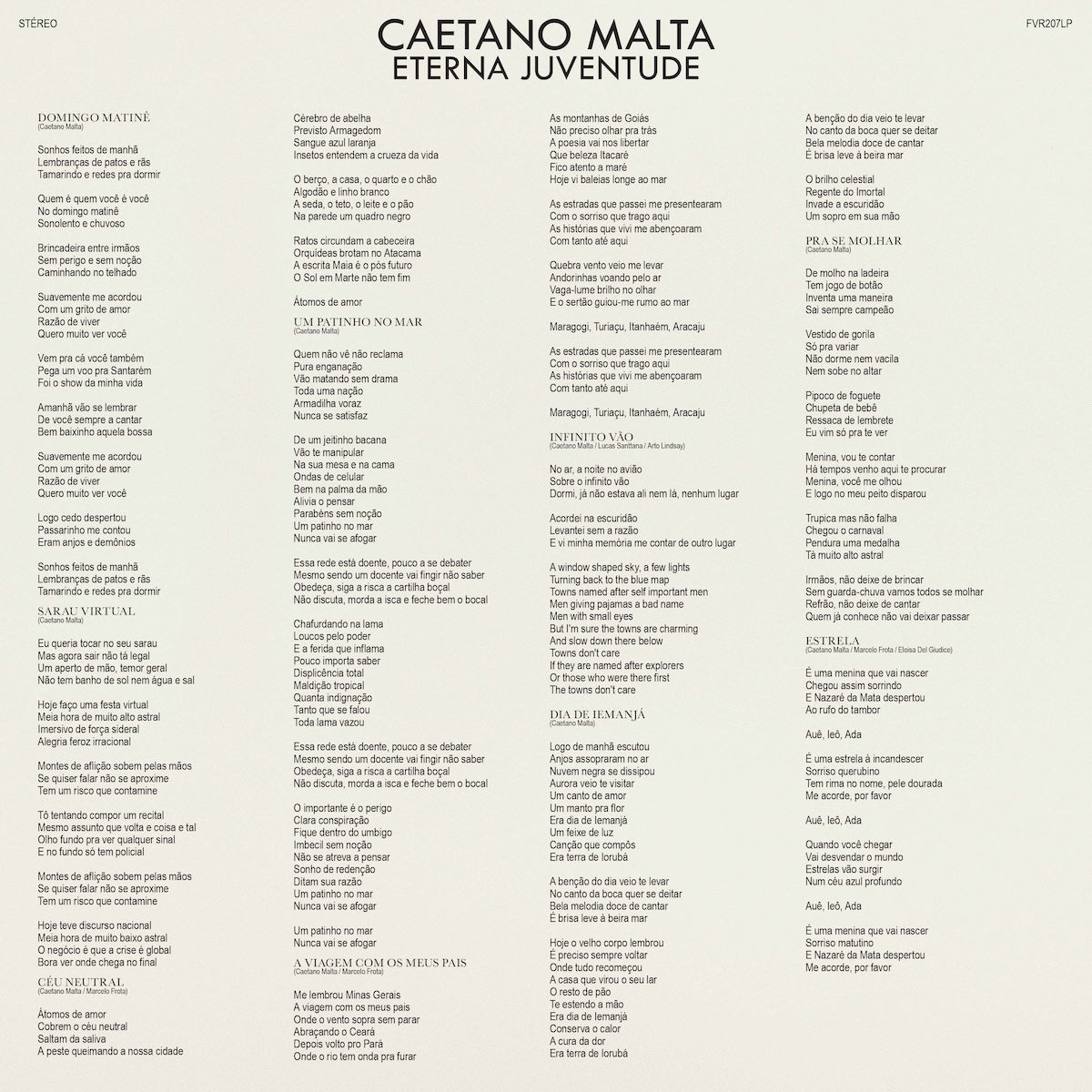 Insert interior A del vinilo Caetano Malta – Eterna Juventude con letras de las canciones impresas en cuatro columnas.