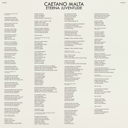 Insert interior A del vinilo Caetano Malta – Eterna Juventude con letras de las canciones impresas en cuatro columnas.