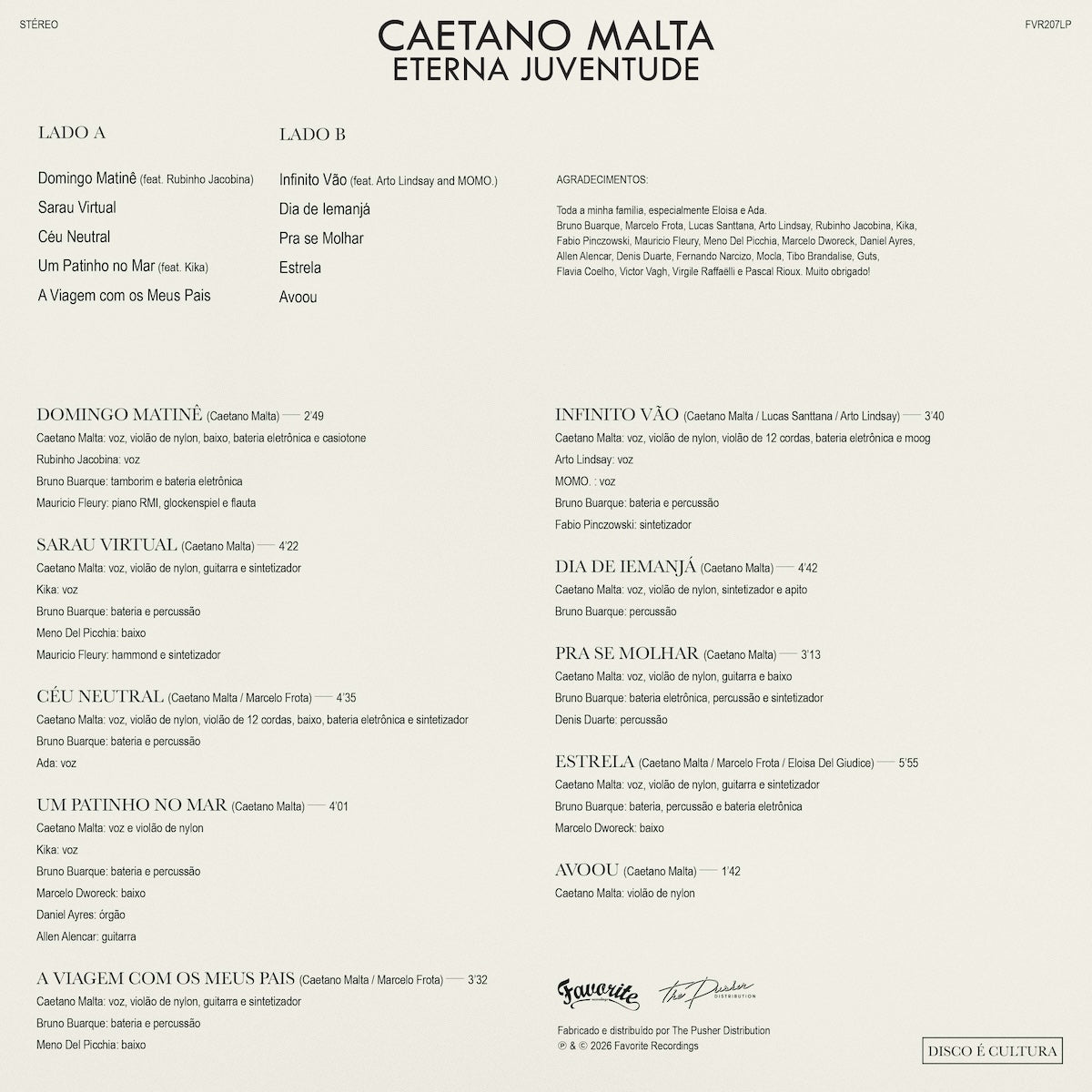 Insert interior B del vinilo Caetano Malta – Eterna Juventude con tracklist, duraciones, músicos y agradecimientos.