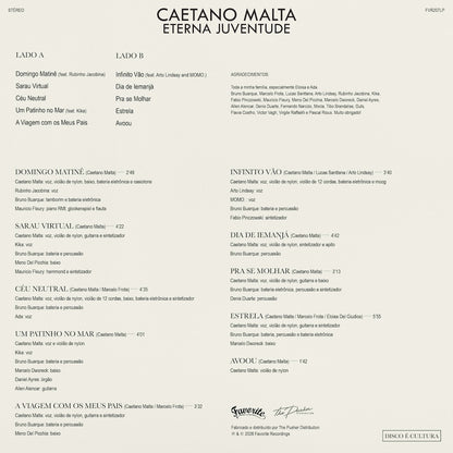 Insert interior B del vinilo Caetano Malta – Eterna Juventude con tracklist, duraciones, músicos y agradecimientos.
