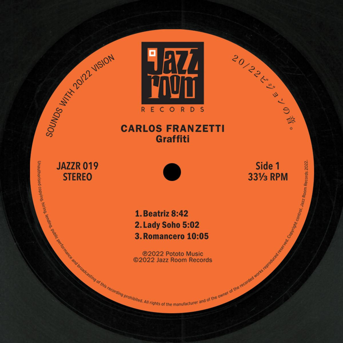 Lado A del vinilo Carlos Franzetti – Graffiti, con etiqueta naranja, catálogo JAZZR 019 y tres pistas impresas.