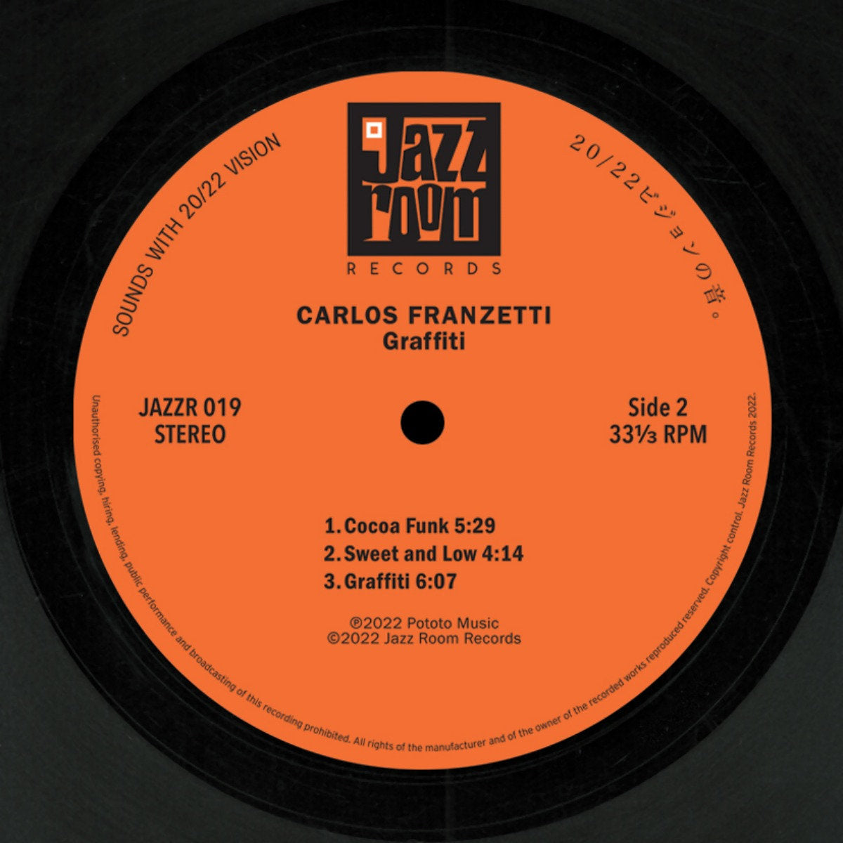 Lado B del vinilo Carlos Franzetti – Graffiti, con etiqueta naranja de Jazz Room Records y las tres pistas impresas.