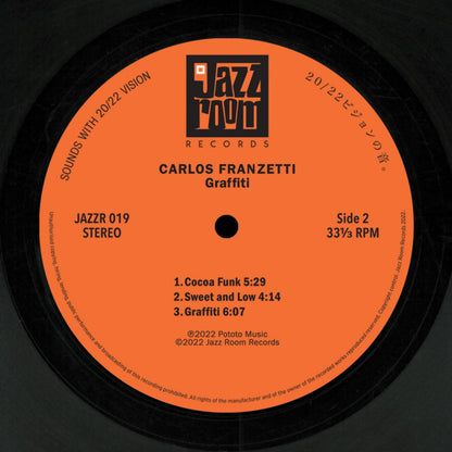 Lado B del vinilo Carlos Franzetti – Graffiti, con etiqueta naranja de Jazz Room Records y las tres pistas impresas.