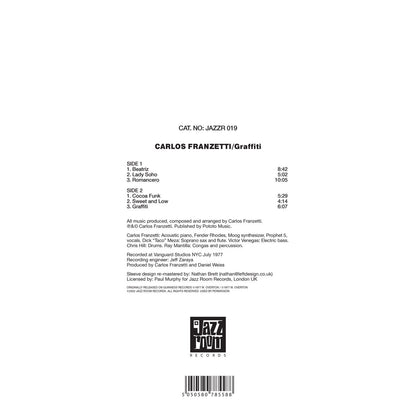 Contraportada del vinilo Carlos Franzetti – Graffiti con tracklist, créditos, catálogo JAZZR 019 y código de barras.