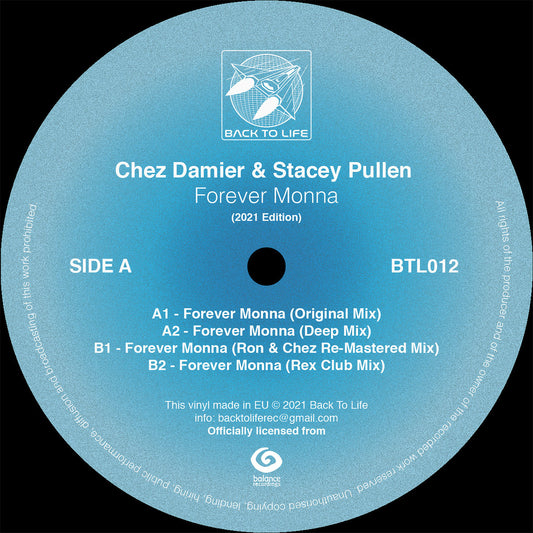 Lado A del vinilo Chez Damier & Stacey Pullen – Forever Monna, con etiqueta azul, tracklist, catálogo BTL012 y créditos.