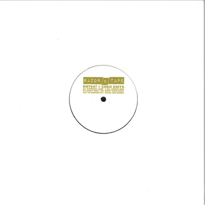 Funda blanca del vinilo 12" COEO – COEO Edits en Razor-N-Tape, mostrando al centro la etiqueta con créditos y títulos.